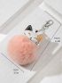 Cat Design Bag Charm Pink Pom Pom Decor