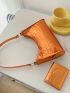 Small Baguette Bag Crocodile Embossed With Small Wallet