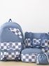 4pcs Bag Set Classic Backpack Shoulder Clutch Bucket Bag Checkered Pattern Badge Decor Preppy For School