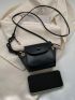 Mini Square Bag Black Button Decor Flap For Daily