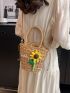 Flower Decor Straw Bag Drawstring Design For Beach