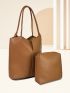 Litchi Embossed Bucket Bag Brown Elegant Double Handle With Inner Pouch For Work