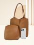 Litchi Embossed Bucket Bag Brown Elegant Double Handle With Inner Pouch For Work