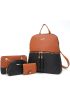 4pcs Two Tone Bag Set Metal Decor Backpack Set