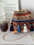Mini Bucket Bag Vacation Geometric Embroidered Tassel Decor Drawstring Polyester