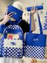 5pcs Bag Sets Classic Backpack Shopper Clutch Bucket Pencil Bag Preppy Cartoon Bear & Checkered Pattern
