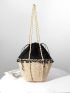 Pom Pom Decor Straw Bag Small For Beach Vacation Travel