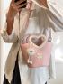 Heart Design Handle Square Bag Letter Patch Decor With Pom Pom Bag Charm