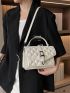 Small Square Bag Fashionable Litchi Embossed Argyle Quilted Buckle Decor Top Handle Flap PU