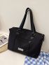 Letter Patch Decor Shoulder Tote Bag With Random Zipper Head Double Handle Black Casual