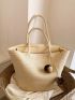 Oversized Straw Bag Pompom Decor Brown Vacation Beach Bag