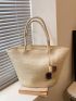 Oversized Straw Bag Pompom Decor Brown Vacation Beach Bag