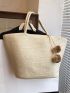 Oversized Straw Bag Pompom Decor Brown Vacation Beach Bag