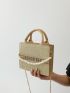 Letter Graphic Straw Bag Faux Pearl Beaded Double Handle Chain Vacation