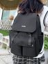 Black Flap Backpack Preppy Letter Graphic Studded Decor For School