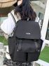 Black Flap Backpack Preppy Letter Graphic Studded Decor For School