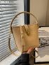 Mini Buckle Decor Bucket Bag Black Litchi Embossed Twist Lock PU