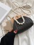 Faux Pearl Beaded Straw Bag Small Black Vacation
