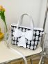 Medium Square Bag Plaid Pattern Double Handle Bow Decor