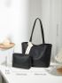 Solid Black Tote Bag Double Handle With Small Pouch