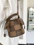 Mini Bucket Bag Letter Pattern Colorblock Drawstring Braided Design
