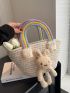 Rabbit Decor Straw Bag Stitch Detail Vacation