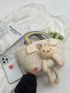Rabbit Decor Straw Bag Stitch Detail Vacation