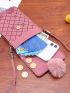 Plaid & Cartoon Cat Pattern Phone Wallet Pink Flap Pom Pom Decor For Daily