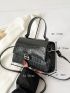 Crocodile Embossed Square Bag Black Elegant Metal Decor Top Handle For Work