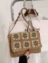 Medium Flap Straw Bag Flower Pattern