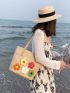 Medium Straw Bag Flower Decor Vacation