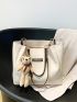 Letter Patch Decor Shoulder Tote Bag With Cartoon Bag Charm