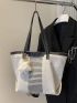 Striped Pattern Shoulder Tote Bag Double Handle Contrast Binding