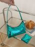 Metallic Baguette Bag Crocodile Embossed With Coin Purse
