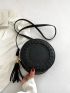 Mini Circle Bag Black Fashionable Tassel Decor For Daily