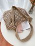 Hollow Out Crochet Bag Brown Double Handle Large Capacity For Vacation Women's Simple Hollow Out Design Crochet Bag, Large Capacity Shopping Bag, Thick Needle And Thread Hand Bill Of Lading Shoulder Bag, Large Capacity Tote Bag For Work And Travel