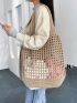 Hollow Out Crochet Bag Brown Double Handle Large Capacity For Vacation Women's Simple Hollow Out Design Crochet Bag, Large Capacity Shopping Bag, Thick Needle And Thread Hand Bill Of Lading Shoulder Bag, Large Capacity Tote Bag For Work And Travel