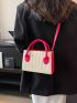 Vacation Straw Bag Two Tone Drawstring Zipper With Double Handle For Shopping