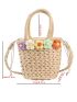 Vacation Straw Bag Floral Decor Drawstring With Double Handle For Outdoor Travel