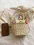 Vacation Straw Bag Floral Decor Drawstring With Double Handle For Outdoor Travel