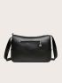 Black Square Bag Fashionable Buckle Decor Zipper With Adjustable-strap For Shopping