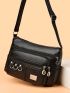 Black Square Bag Fashionable Letter Graphic Zipper With Adjustable-strap For Shopping