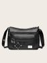 Studded & Ring Decor Square Bag Black PU Zip Front