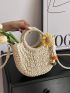 Flower Decor Straw Bag Drawstring Design Vacation