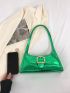 Geometric Embossed Baguette Bag Metallic Green Buckle Decor Funky