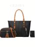 3Pcs Two Tone Shoulder Tote Bag Double Handle Set, Best Work Bag For Women