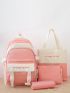4pcs Backpack Set Colorblock Letter Patch Decor Shopper Bag Square Bag For School