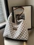 Large Capacity Hobo Bag Plaid Pattern Letter Patch Decor