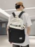 Two Tone Laptop Backpack Letter Pattern Zipper Front Decor Adjustable Strap For School