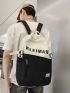 Two Tone Laptop Backpack Letter Pattern Zipper Front Decor Adjustable Strap For School